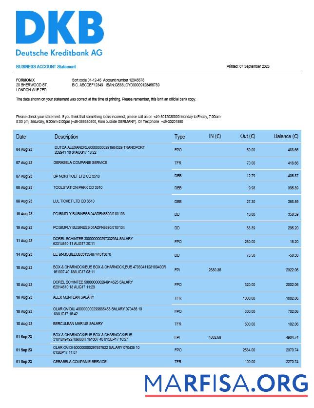 Printable Deutsche Kreditbank organization checking account statement Word and PDF template